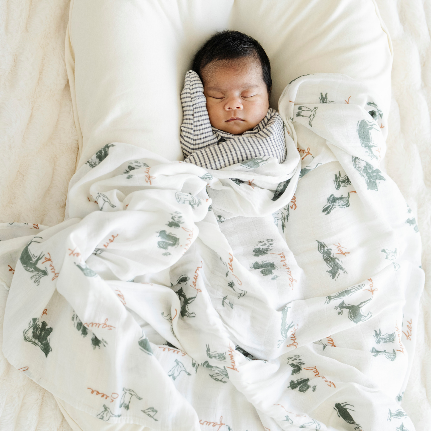 Baby boy withe Lakewood Animals Bamboo Rayon Muslin Saranoni soft swaddle blanket.