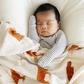 Baby boy with Highland Cow Bamboo Rayon Muslin Saranoni swaddle.